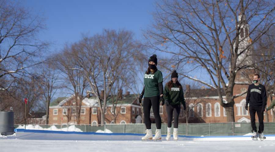 Students skating on the Dartmouth Green