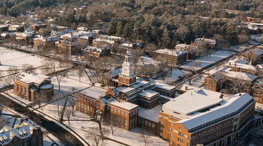 Aerial image of the Dartmouth Green in Winter with snow on the ground