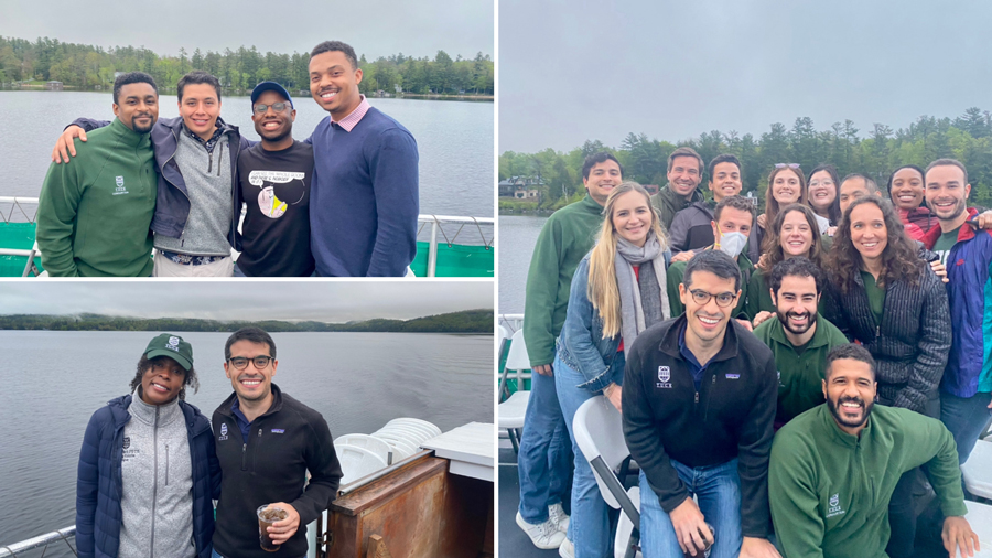 Three pictures of students on a boat, posing and smiling at the camera.